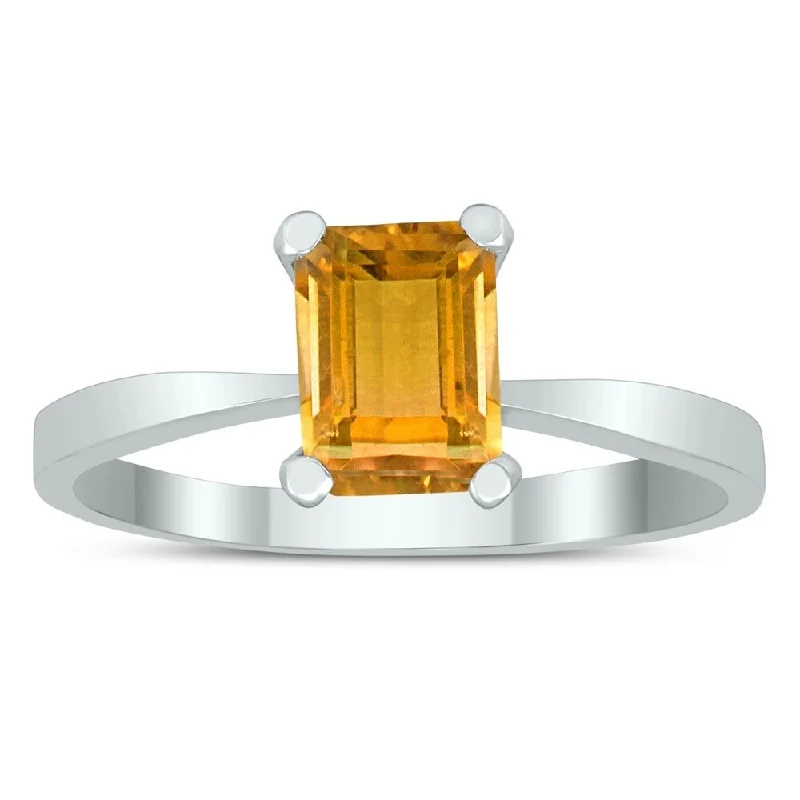 gothic-inspired tiger claw ring-Emerald Shaped 7X5MM Citrine Solitaire Ring in 10K White Gold