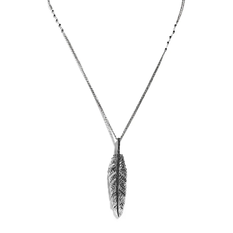 bold topaz peak ridge necklace-Feather 68mm Pendant Necklace with Black Diamonds