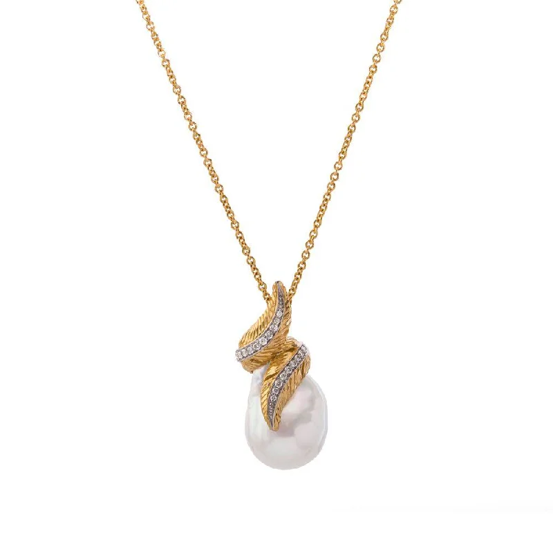 inscribed dynasty chain necklace-Feather Wrap Necklace with Pearl & Diamonds in 18K Yellow Gold