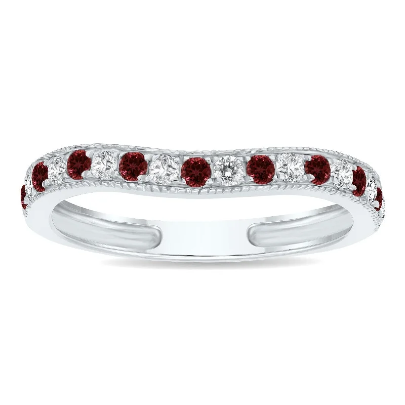 floral-inspired agate ring-Garnet and Diamond Channel Set Wedding Band in 10K White Gold