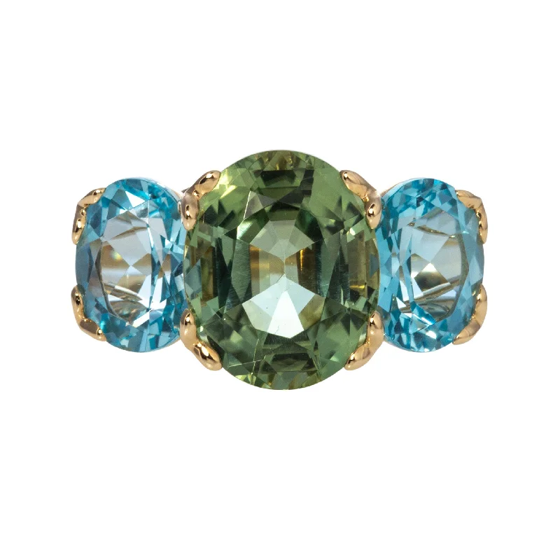 adjustable flare ring-Green Tourmaline & Blue Topaz 14K Gold River Ring