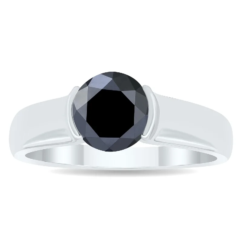 bohemian crest peak ring-Marquee 1 1/2 Carat Half Bezel Black Diamond Solitaire Ring in 10K White Gold