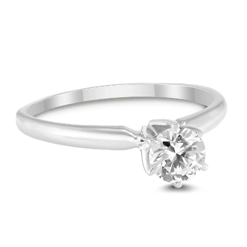 minimalist arc peak ring-Marquee Certified (J-K Color, SI1-SI2 Clarity) 1/2 Carat Round Diamond Solitaire Ring in 14K White Gold