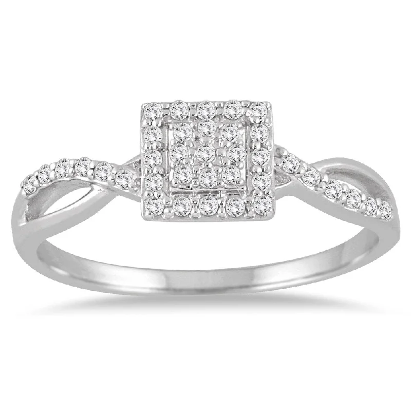 distressed gold band ring-Marquee Jewels 1/5 Carat Diamond Square Halo Twist Ring in 10K White Gold