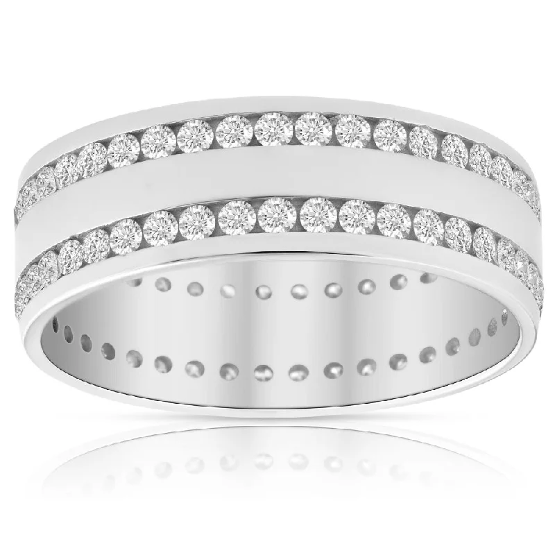 rustic sunstone inlay ring-Mens 1 3/8Ct Diamond Eternity Ring 10k White Gold Double Row High Polished