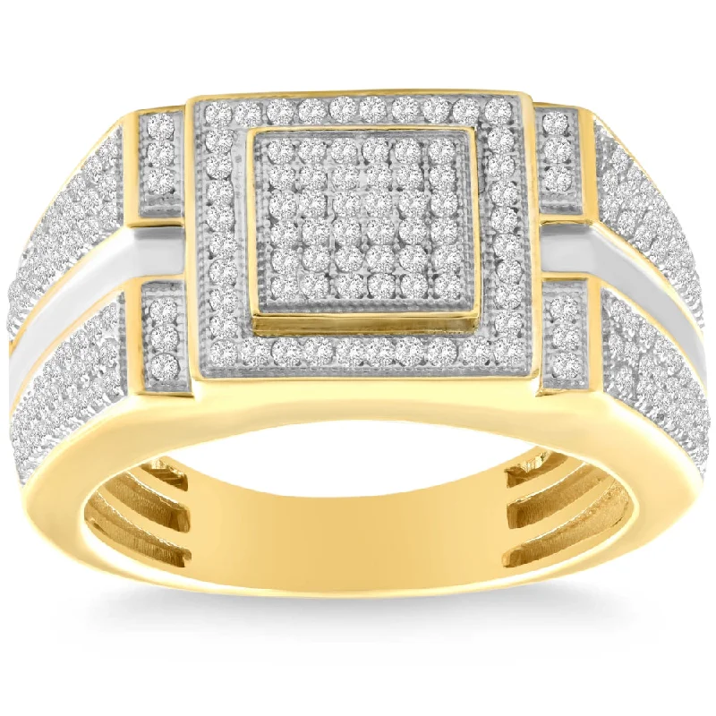 adjustable twig ridge ring-Men's 1/4 CT. T.W. Diamond Micro Cluster Square Stepped Ring in 10K Yellow Gold