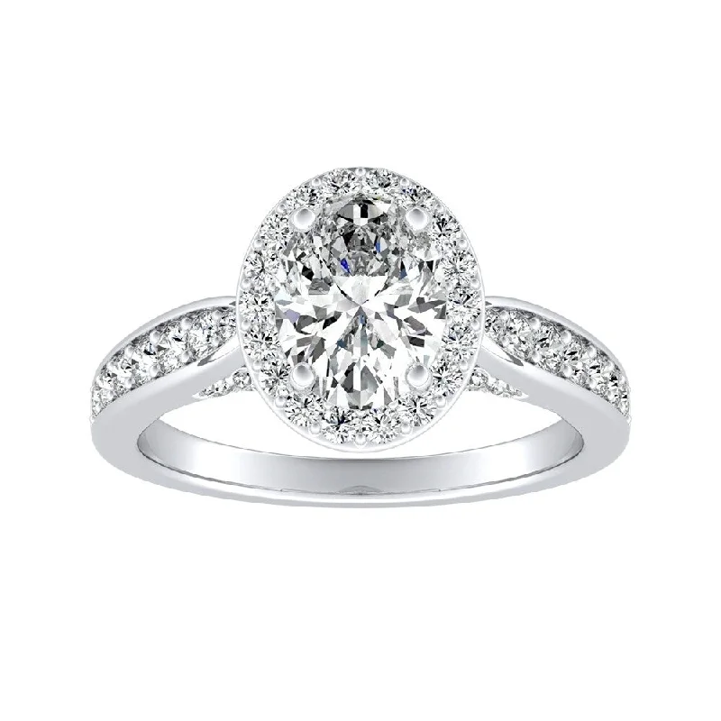 floral inset diamond ring-Modern Oval-cut Halo Diamond Engagement Ring 1cttw 14k Gold by Auriya