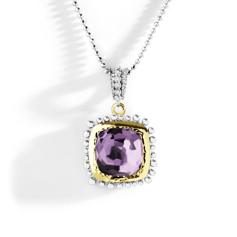 polished bronze chain necklace-Molten 14mm Cushion Pendant w/ Amethyst in 18K Yellow Gold & Sterling Silver