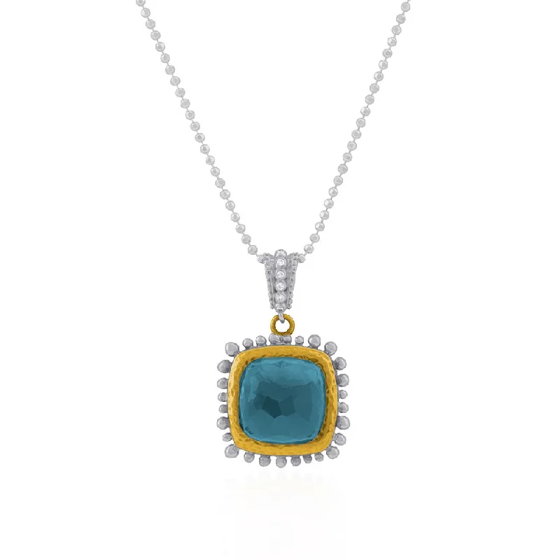 modern sculpted chain necklace-Molten 14mm Cushion Pendant w/ Blue Topaz in 18K Yellow Gold & Sterling Silver