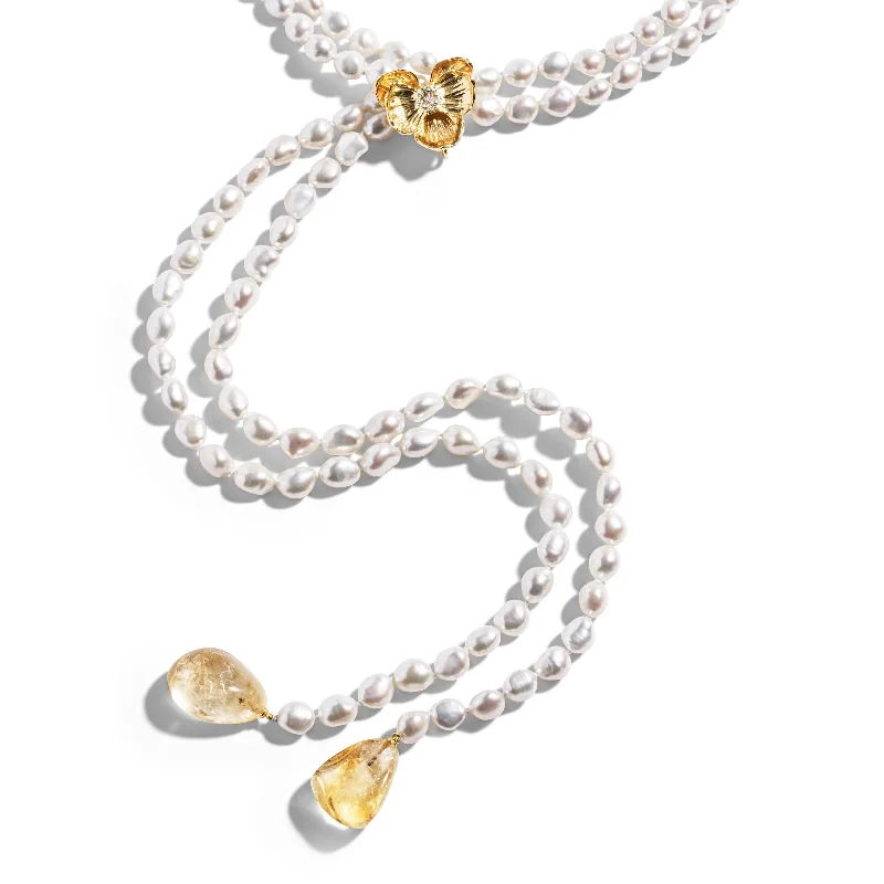 inscribed heritage chain necklace-Orchid Lariat Necklace with Pearls, Rutilized Quartz and Diamonds