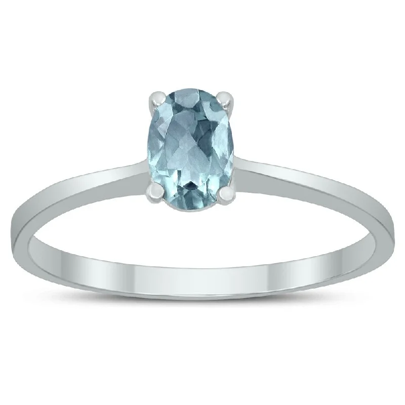 polished gold arc ring-Oval Solitaire 6X4MM Aquamarine Ring in 10K White Gold