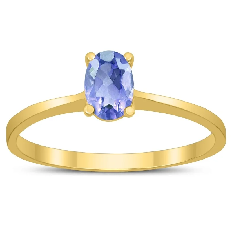 modern tiered turquoise ring-Oval Solitaire 6X4MM Tanzanite Ring in 10K Yellow Gold