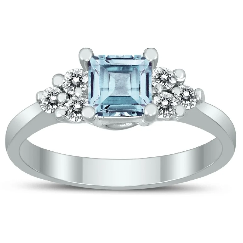 polished silver arc ring-Princess Cut 5X5MM Aquamarine and Diamond Duchess Ring in 10K White Gold