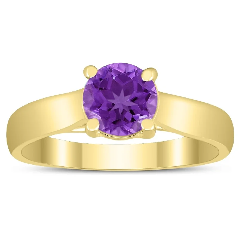 minimalist arc peak ring-Round 6MM Amethyst Cathedral Solitaire Ring in 10K Yellow Gold