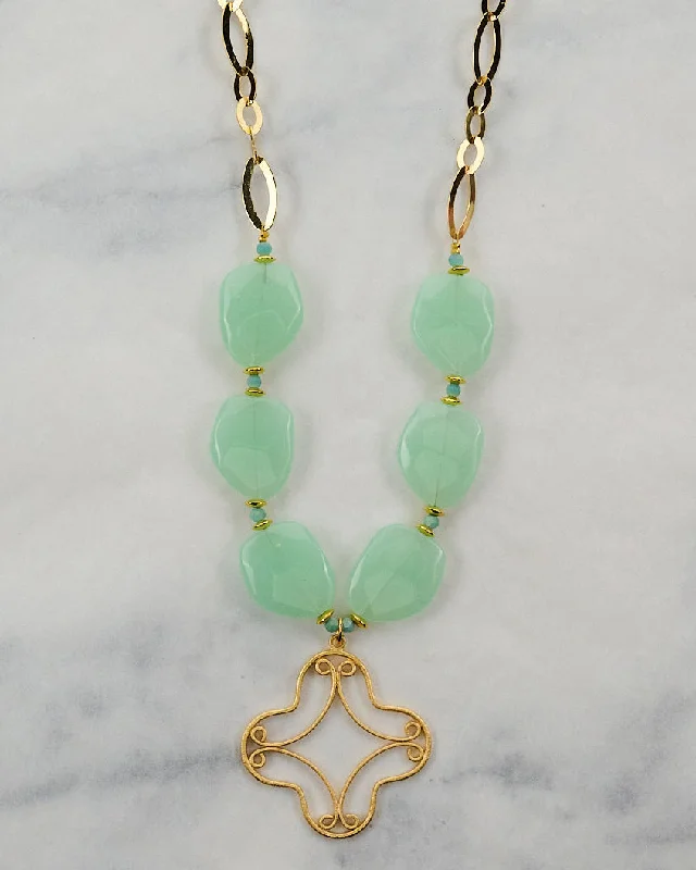 boho-inspired aventurine necklace-Ruidoso Aqua Crystal Gold Pendant Long Statement Necklace