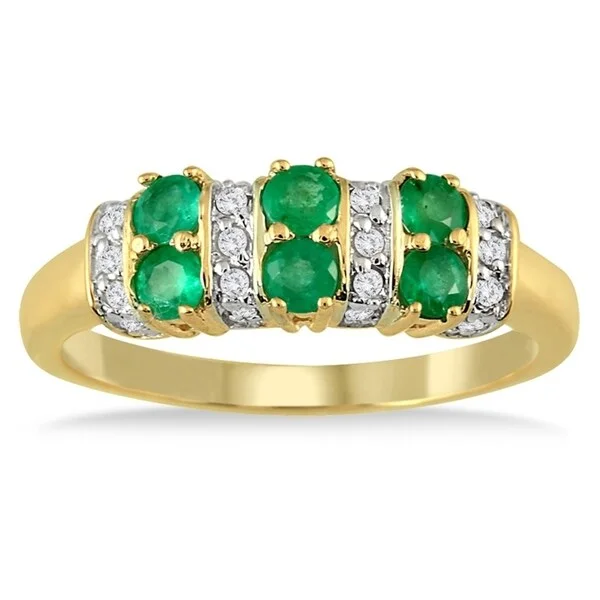 minimalist crest peak ring-Six Stone Emerald and Diamond Ring 14k Yellow Gold