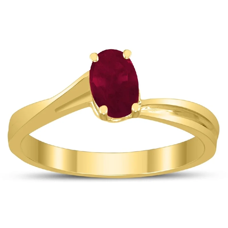 boho-inspired amber ring-Solitaire Oval 6X4MM Ruby Gemstone Twist Ring in 10K Yellow Gold