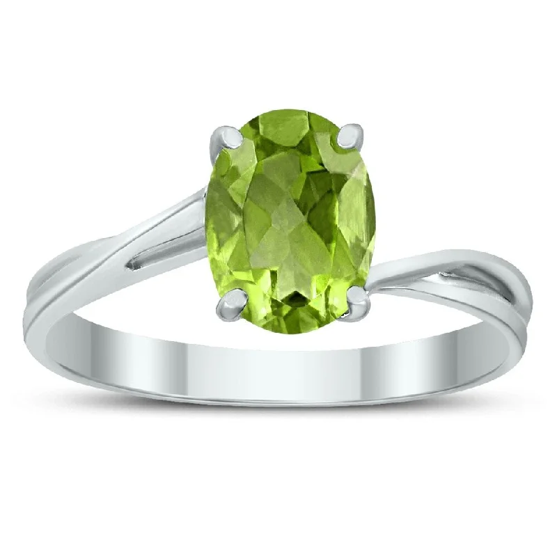 vintage-inspired sunstone ring-Solitaire Oval 8X6MM Peridot Gemstone Twist Ring in 10K White Gold