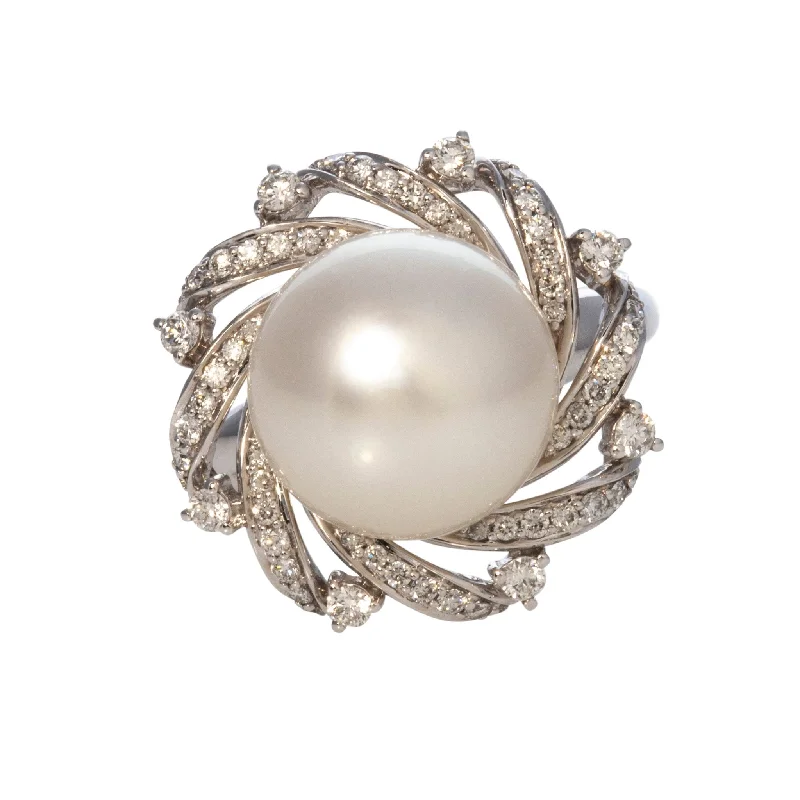 dazzling trillion-cut diamond ring-South Sea Pearl & Diamond 18K White Gold Ring