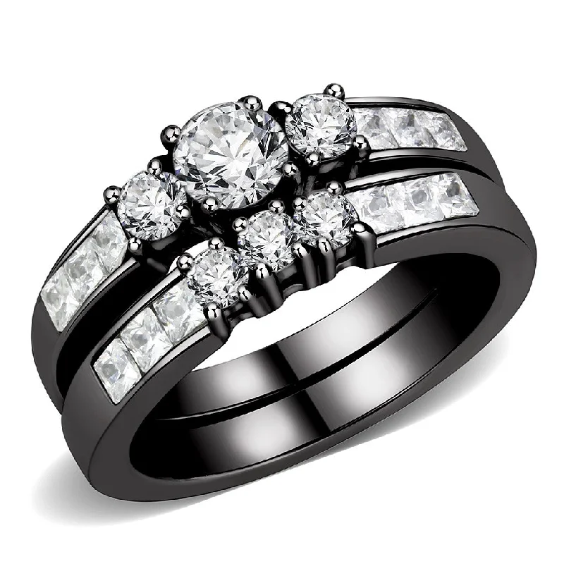 polished gold tier ring-Three-Stone Type Round CZ Black IP Stainless Steel Wedding Ring Set