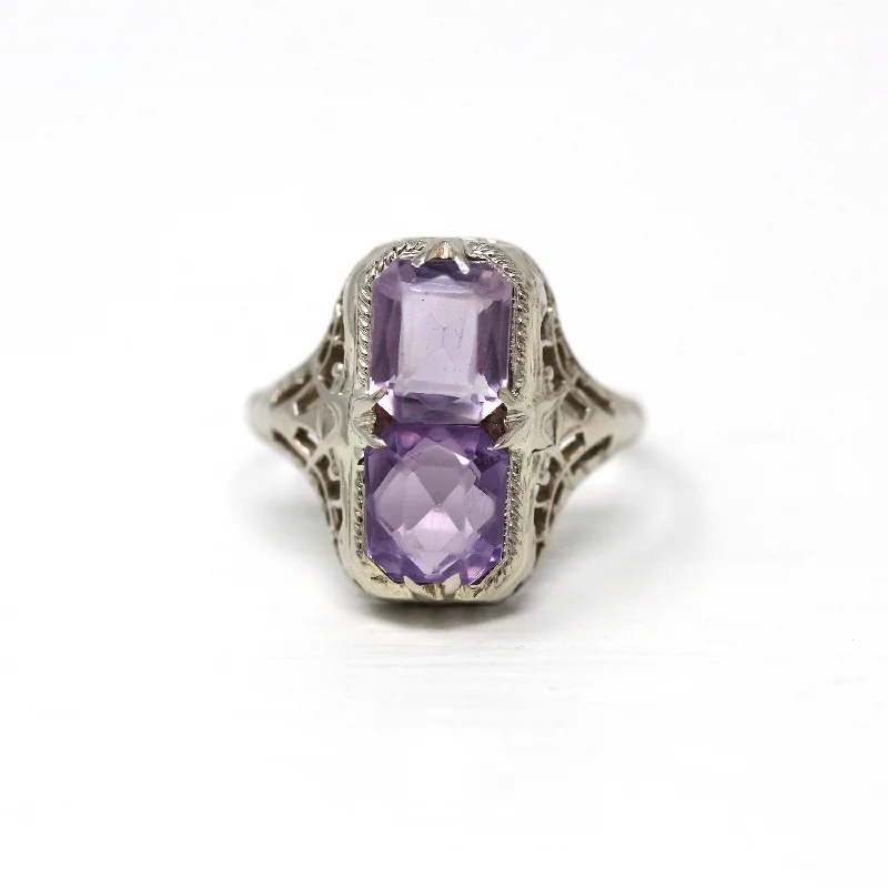 vintage-style aventurine ring-Two Stone Ring - Art Deco 10k White Gold Filigree Emerald Cut Amethyst - Vintage Circa 1930s Era Size 7 1/4 Fine Toi Et Moi Jewelry