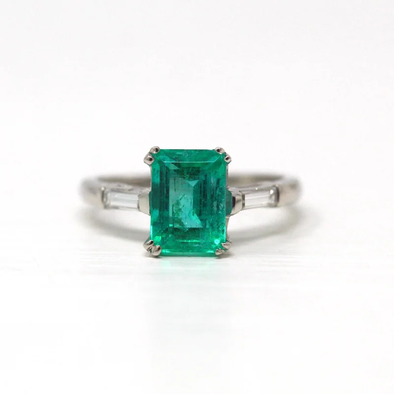 vintage-style agate ring-Vintage Emerald Ring - Mid Century Platinum Emerald Cut 1.80 CT Green Gemstone - Vintage Circa 1960s Era Size 5 1/2 Baguette Diamond Jewelry