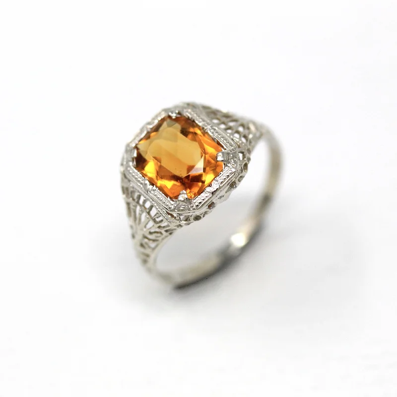 adjustable summit peak ring-Vintage Filigree Ring - Art Deco Era 14k White Gold Genuine Citrine Solitaire - Vintage Circa 1930s Orange Gemstone Size 5 Fine Jewelry