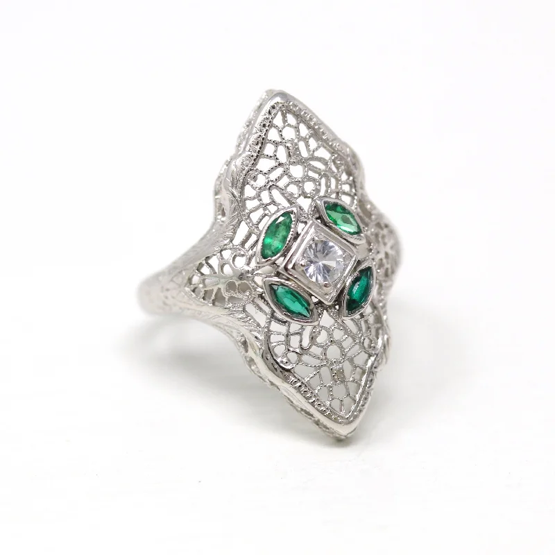 gothic-inspired bat wing ring-Vintage Shield Ring - Antique 14k White Gold Genuine White Sapphire & Simulated Emerald Filigree - Size 6 3/4 Art Deco 1930s Fine Jewelry