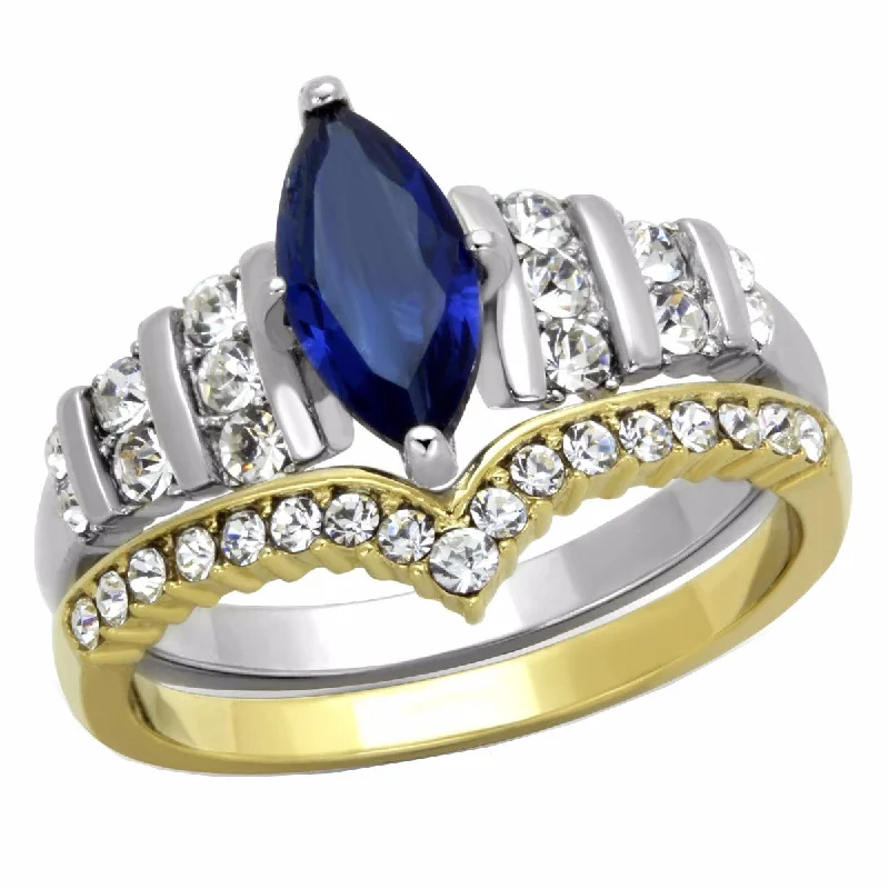 artisan-crafted rose ring-Womens Marquise Cut Sapphire CZ Two Tone Gold Stainless Steel Wedding Ring Set