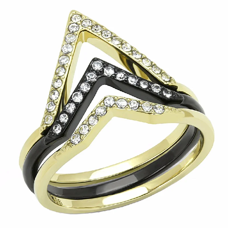 polished gold tier ring-Womens Mix and Match Stackable Gold and Black IP Stainless Steel 3 Bands Set