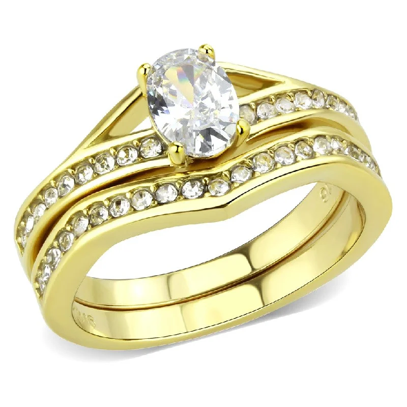 boho-inspired aventurine ring-Womens Oval Cut CZ Gold IP 316 Stainless Steel Wedding Ring Set