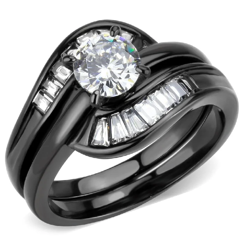 bohemian apex peak ring-Womens Round and Trapeze Cut CZ Black IP Stainless Steel Wedding Ring Set