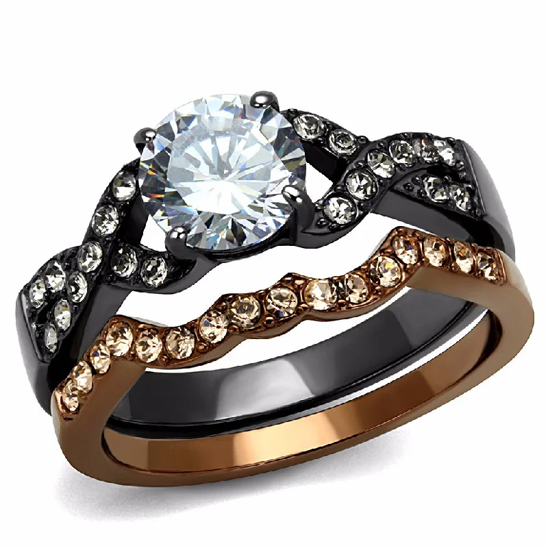 inscribed heritage ring-Womens Round Cut CZ in Light Black & Light Coffee IP Stainless Steel 2 RINGS SET