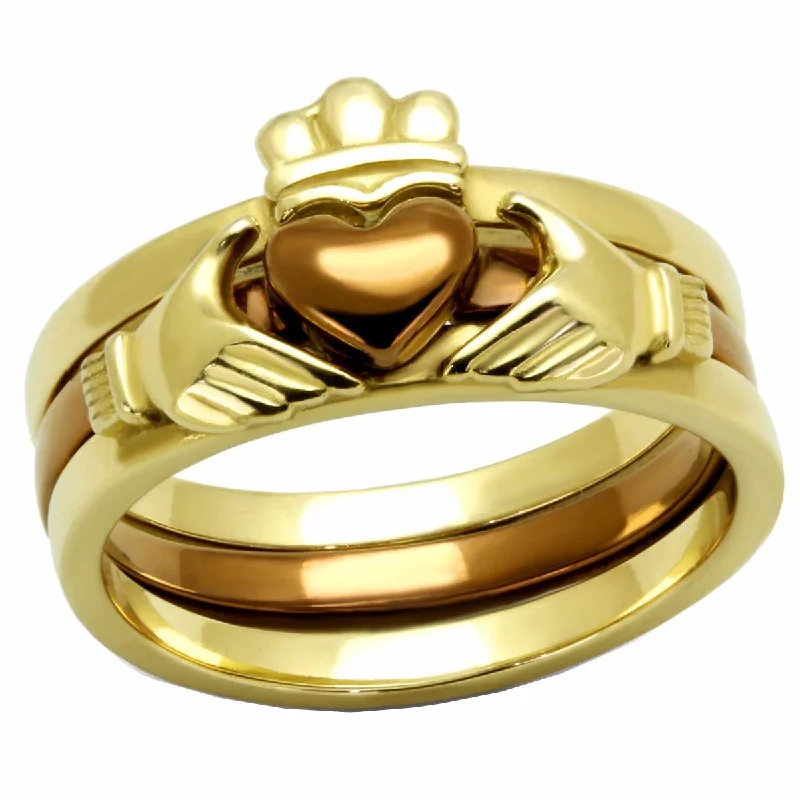 adjustable steel curve ring-Womens Two-Tone IP Gold & IP Light Brown Stainless Steel Claddagh 3 Rings Set