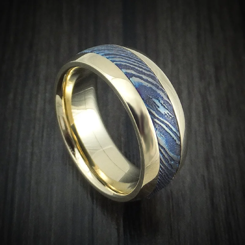 dazzling trillion-cut diamond ring-14K Gold and Kuro-Ti Twisted Titanium Etched and Heat-Treated Men's Ring Custom Made Band