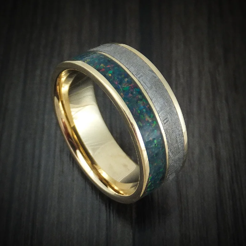 distressed silver ring-14K Gold and Meteorite Men's Ring with Opal Custom Made Band