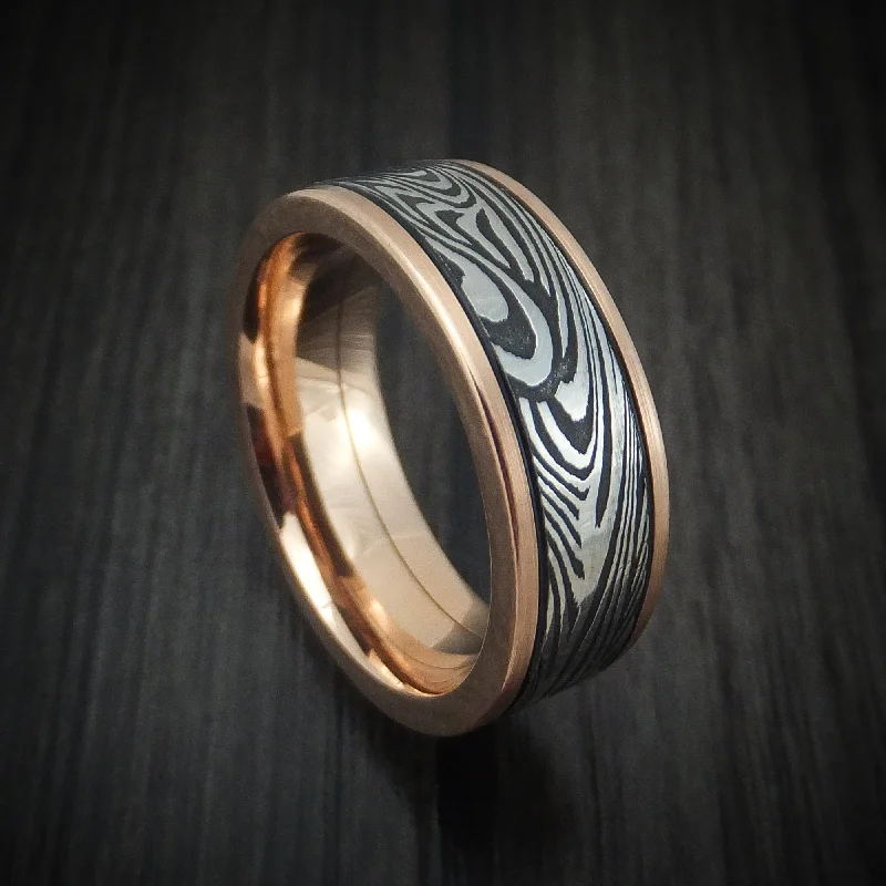 boho-inspired agate ring-14K Gold and Sunset Kuro Damascus Steel Men's Ring Custom Made