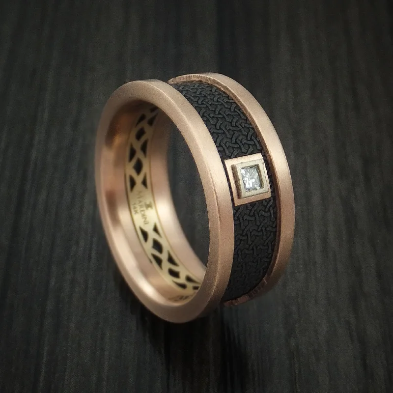 boho-inspired aventurine ring-14K Rose and Yellow Gold with Carbon Fiber and Diamond Custom Made Men's Band