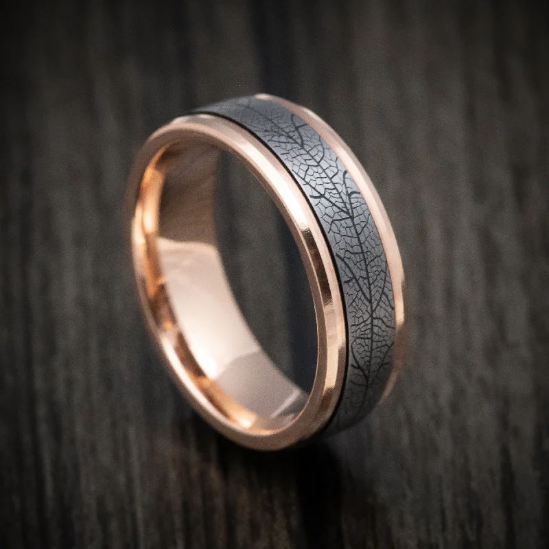 polished bronze band ring-14K Rose Gold and Tantalum Leaf Pattern Mens Band