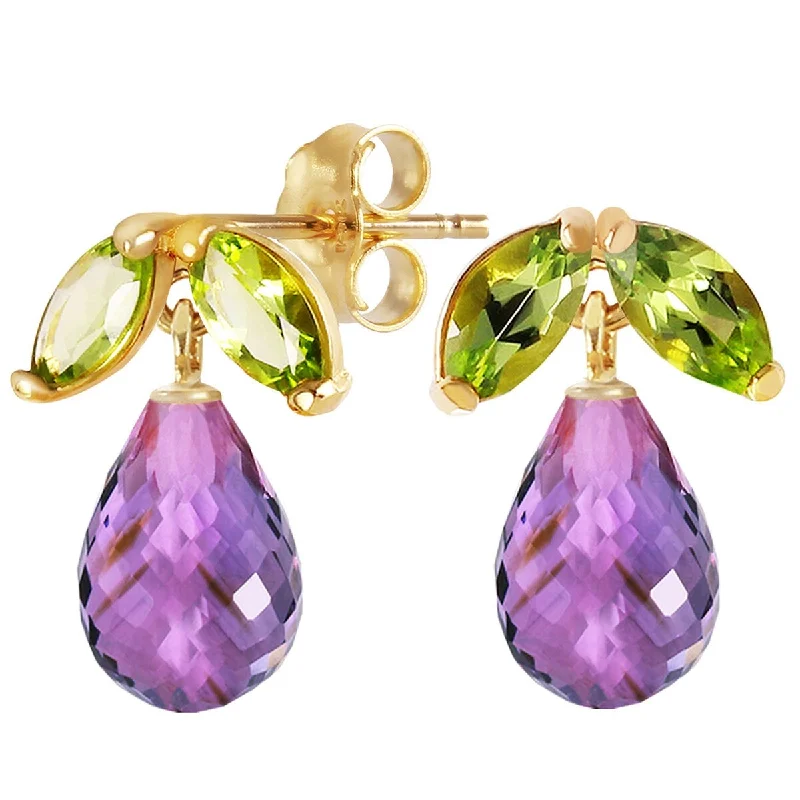 artisan-crafted niobium earrings-14K Solid Gold Stud Gemstone Earrings with Peridots & Amethysts