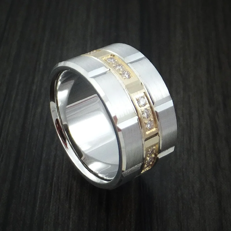 modern tiered moonstone ring-14K White Gold and Yellow Gold Band with Diamonds Custom Made Men's Ring