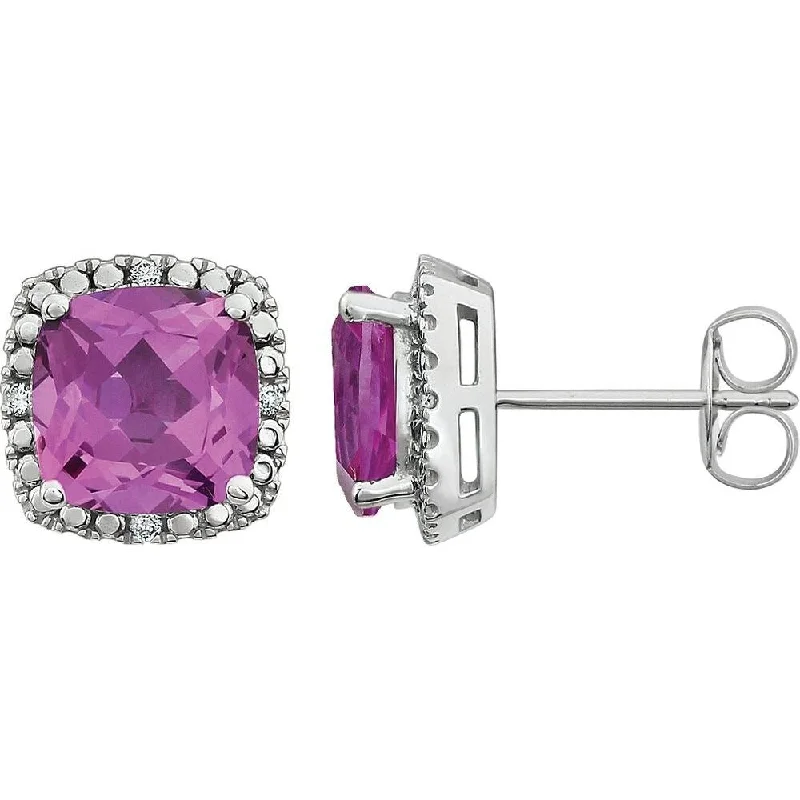 raw agate accent earrings-14k White Gold Created Pink Sapphire & .06 CTW Diamond Stud Earring for Women