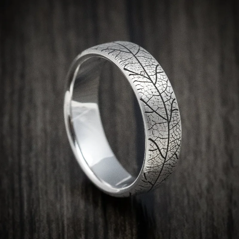 artisan-crafted silver ring-14K White Gold Leaf Design Wedding Men's Band