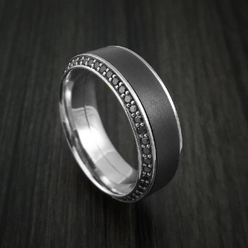 vintage-inspired sunstone ring-14k White Gold Men's Ring With Elysium Black Diamond Inlay And Eternity Set Black Diamonds Custom Made Band