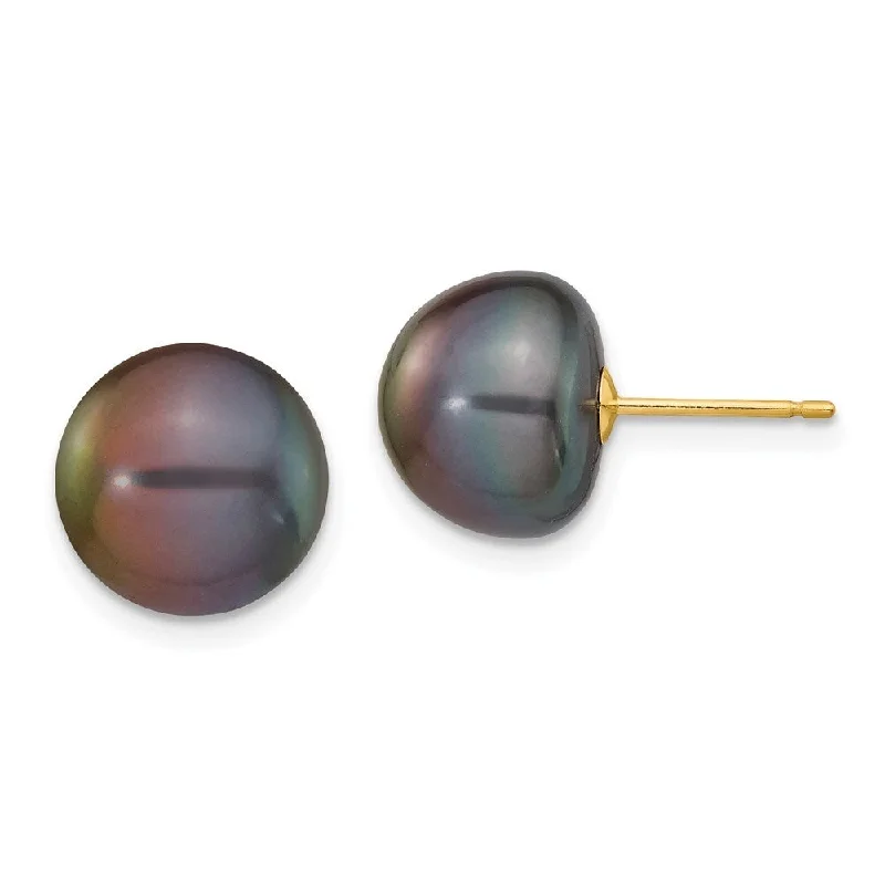 artisan-crafted rose earrings-14k Yellow Gold Black Button Cultured Pearl Stud Earrings (L-10 mm, W-11 mm)