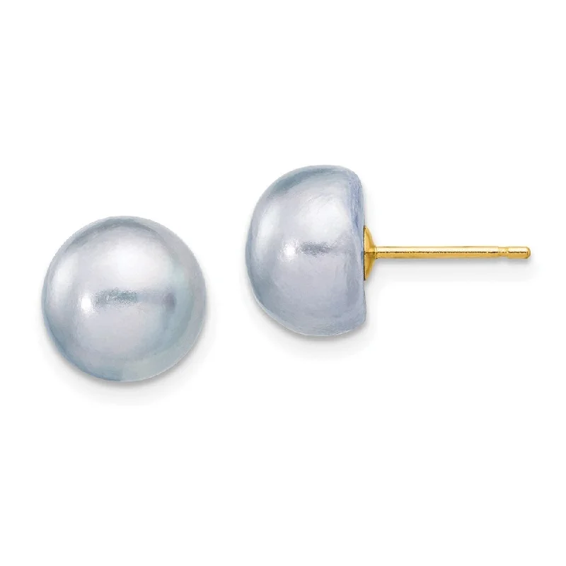 raw amber accent earrings-14k Yellow Gold Grey Button Cultured Pearl Stud Earrings (L-9 mm, W-10 mm)