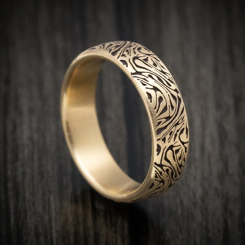 gothic-inspired scorpion tail ring-14K Yellow Gold Marbled Design Wedding Men's Band