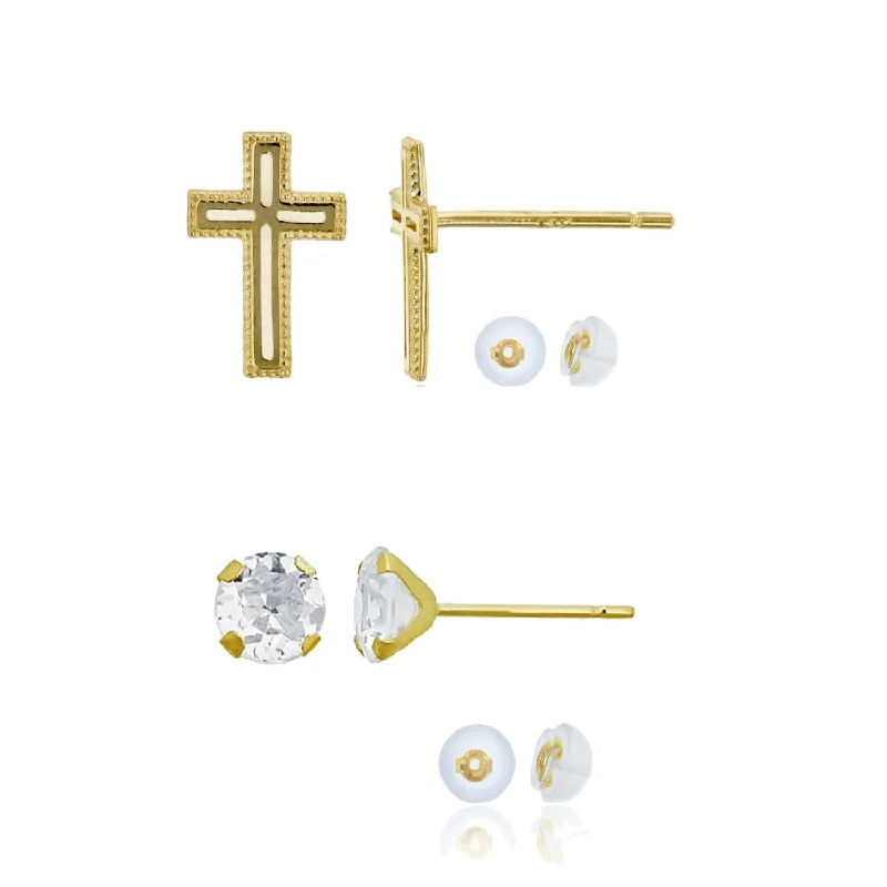 modern inset ruby earrings-14KT Yellow Gold 6MM Round Cubic Zirconia Cross Stud 2-Pair Earrings