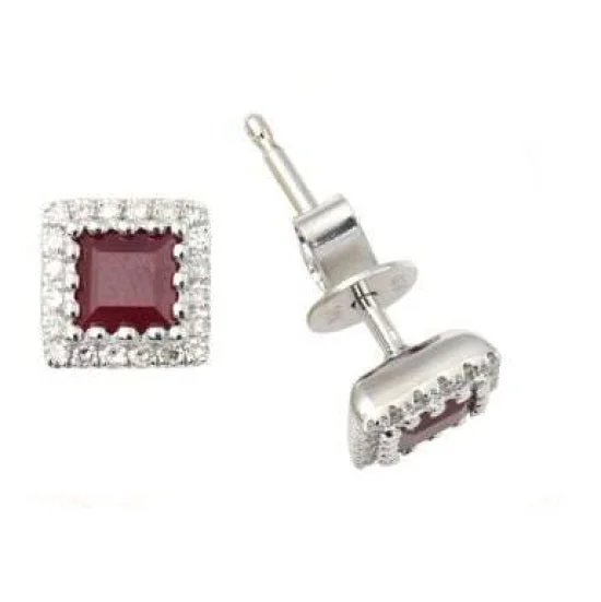 adjustable steel stud earrings-3.6MM Square Ruby and Diamond Halo Stud Earrings in 14KT White Gold