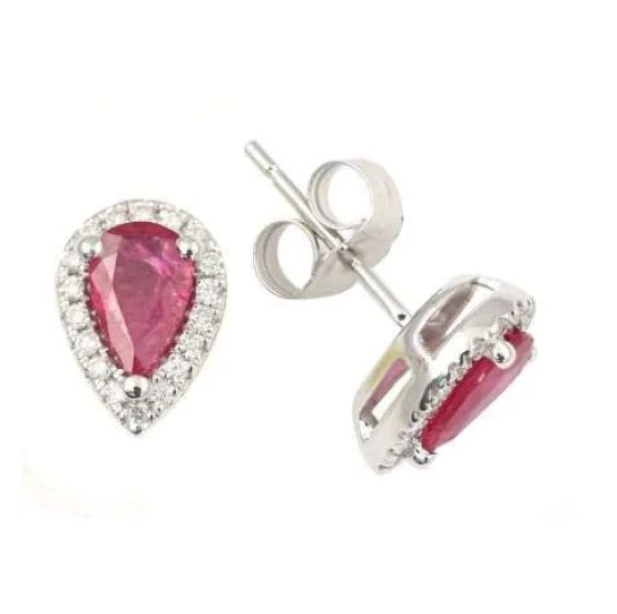 artisan-crafted agate earrings-5X3MM Pear Ruby and Diamond Halo Stud Earrings in 14KT White Gold